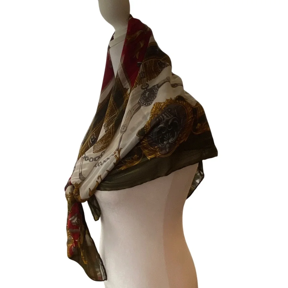 Equestrian Poste et Cavalerie Silk Poly Scarf Olive Green Red Gold‎ 34
